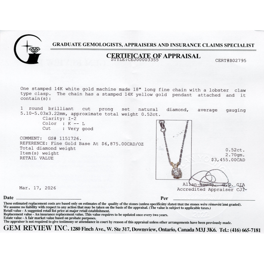 Image 983018_ALTMORE3.jpg, Product 983-018 / Price $1,495.00, 14K White Gold 4-Prong 0.52ct Diamond Solitaire Pendant With Chain from Estate Jewel Finds on TSC.ca's Jewellery department