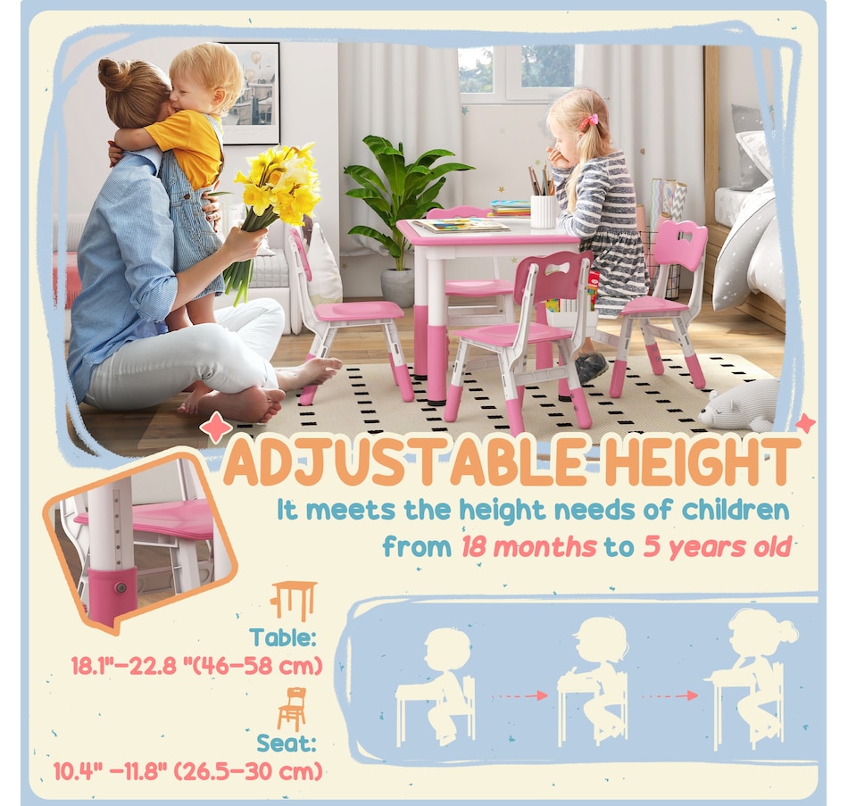 Image 987791_ALTMORE3.jpg, Product 987-791 / Price $129.99, Qaba 5 Pieces Height Adjustable Kids Table and Chair Set for Playroom Pink from Qaba on TSC.ca's Home & Garden department