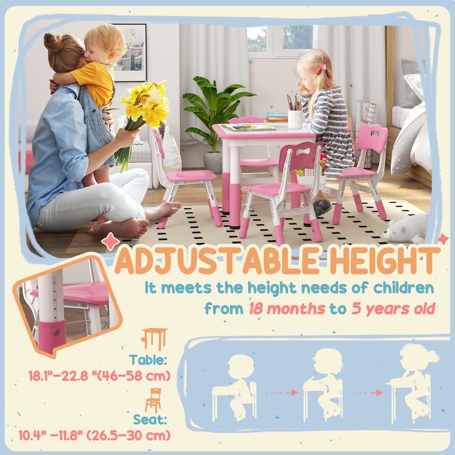 Image 987791_ALTMORE3.jpg, Product 987-791 / Price $119.99, Qaba 5 Pieces Height Adjustable Kids Table and Chair Set for Playroom Pink from Qaba on TSC.ca's Home & Garden department