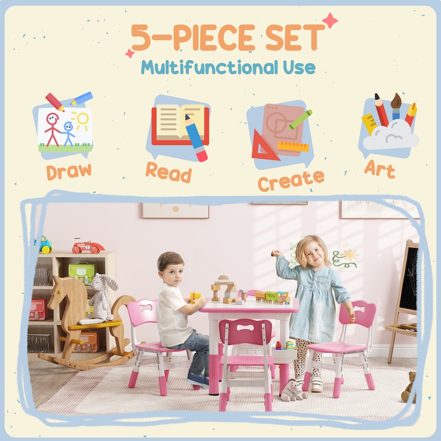 Image 987791_ALTMORE4.jpg, Product 987-791 / Price $119.99, Qaba 5 Pieces Height Adjustable Kids Table and Chair Set for Playroom Pink from Qaba on TSC.ca's Home & Garden department