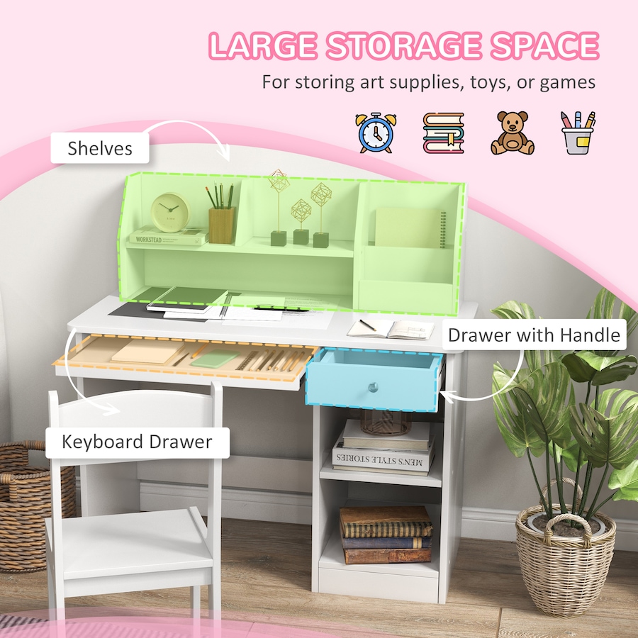 Image 987805_ALTMORE3.jpg, Product 987-805 / Price $149.99, Qaba Kids Desk and Chair Set for 5-8 Year Old with Storage, White from Qaba on TSC.ca's Home & Garden department