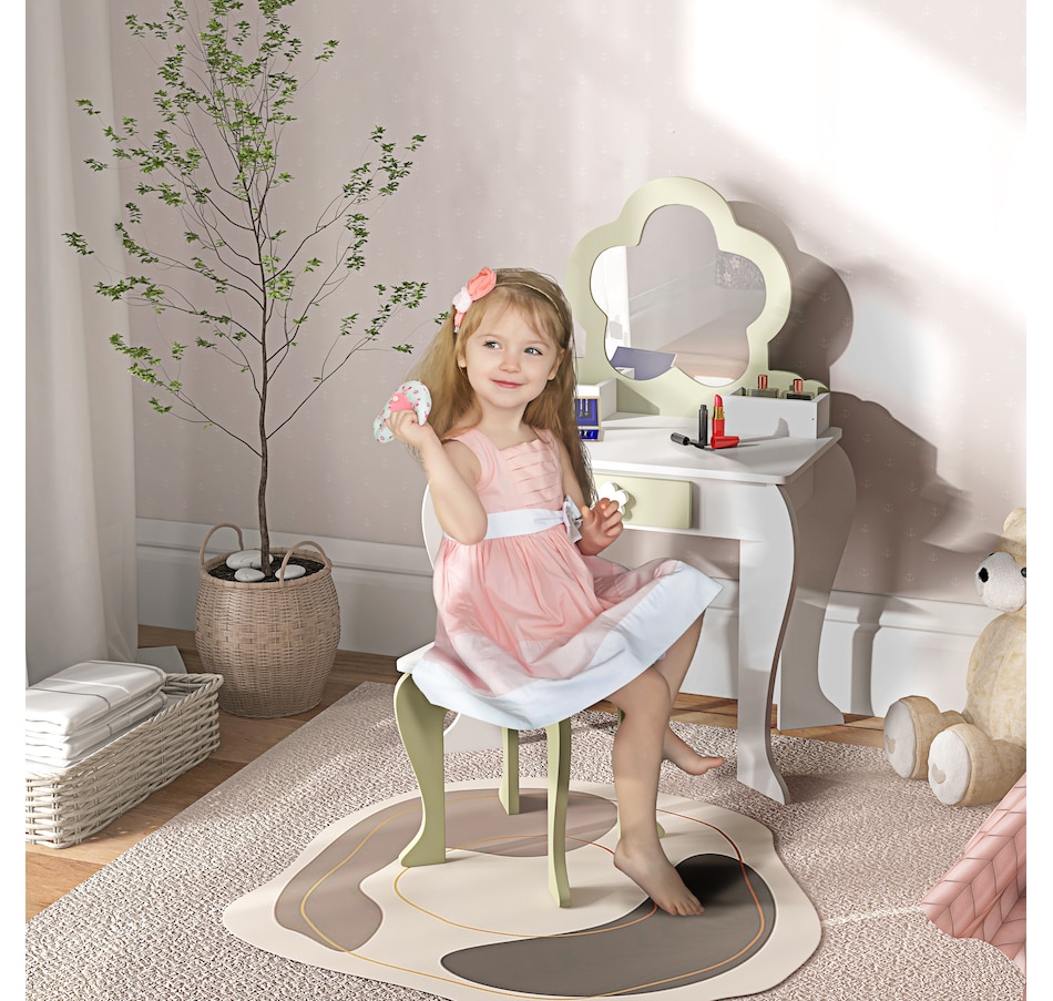 Image 987859_ALTMORE1.jpg, Product 987-859 / Price $99.99, Qaba Kids Vanity Table with Mirror and Stool, Flower Design, White from Qaba on TSC.ca's Home & Garden department