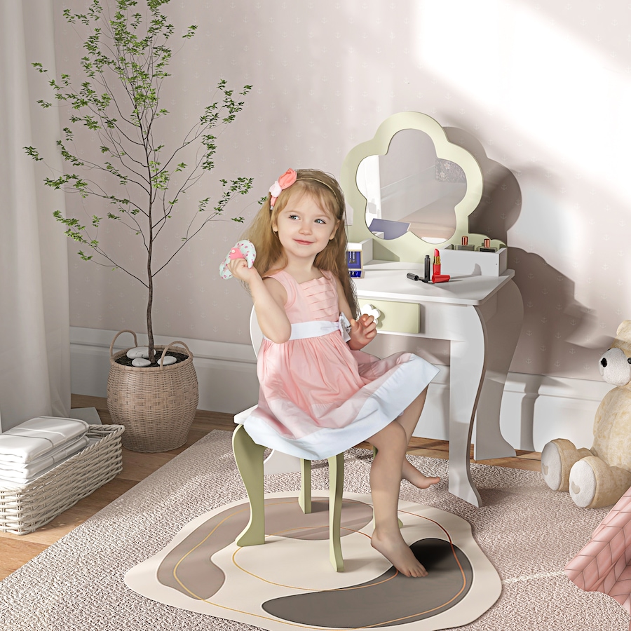 Image 987859_ALTMORE1.jpg, Product 987-859 / Price $99.99, Qaba Kids Vanity Table with Mirror and Stool, Flower Design, White from Qaba on TSC.ca's Home & Garden department