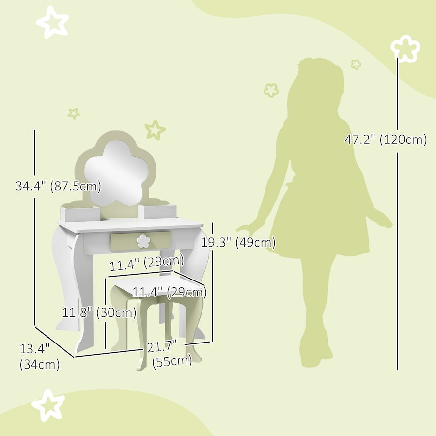 Image 987859_ALTMORE2.jpg, Product 987-859 / Price $99.99, Qaba Kids Vanity Table with Mirror and Stool, Flower Design, White from Qaba on TSC.ca's Home & Garden department
