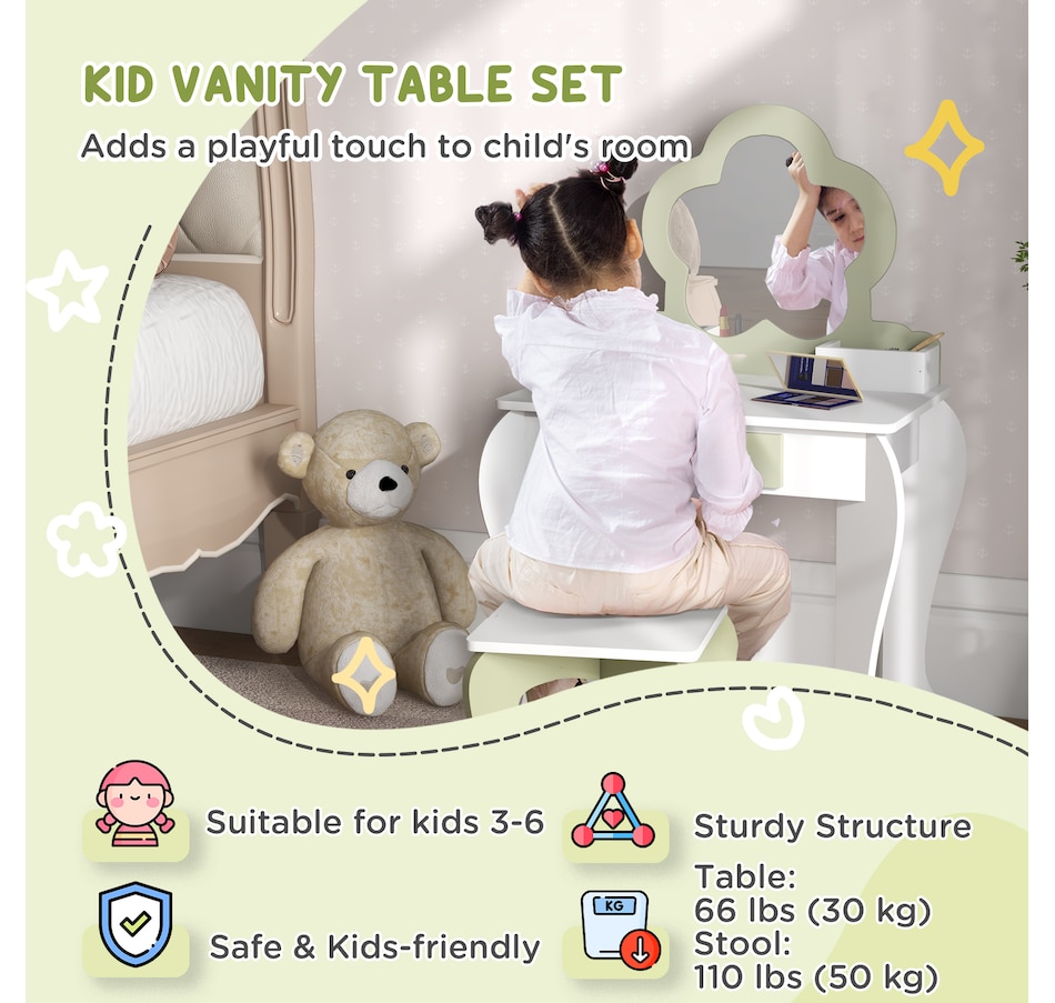 Image 987859_ALTMORE3.jpg, Product 987-859 / Price $99.99, Qaba Kids Vanity Table with Mirror and Stool, Flower Design, White from Qaba on TSC.ca's Home & Garden department