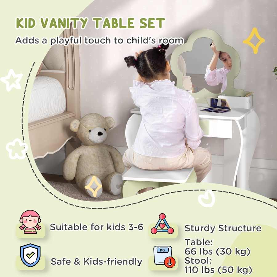 Image 987859_ALTMORE3.jpg, Product 987-859 / Price $99.99, Qaba Kids Vanity Table with Mirror and Stool, Flower Design, White from Qaba on TSC.ca's Home & Garden department