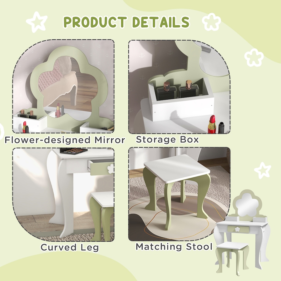 Image 987859_ALTMORE5.jpg, Product 987-859 / Price $99.99, Qaba Kids Vanity Table with Mirror and Stool, Flower Design, White from Qaba on TSC.ca's Home & Garden department