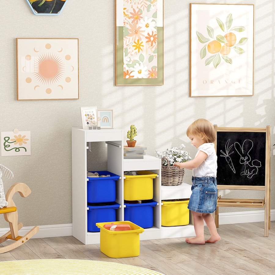 Image 987870_ALTMORE1.jpg, Product 987-870 / Price $159.99, Qaba Toy Storage Organizer Kids Bookshelf with 6 Plastic Bins, Yellow & Blue from Qaba on TSC.ca's Home & Garden department