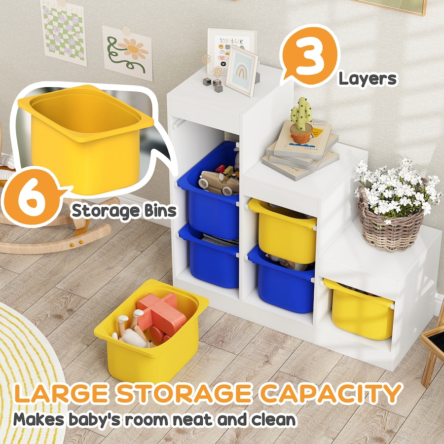 Image 987870_ALTMORE3.jpg, Product 987-870 / Price $159.99, Qaba Toy Storage Organizer Kids Bookshelf with 6 Plastic Bins, Yellow & Blue from Qaba on TSC.ca's Home & Garden department