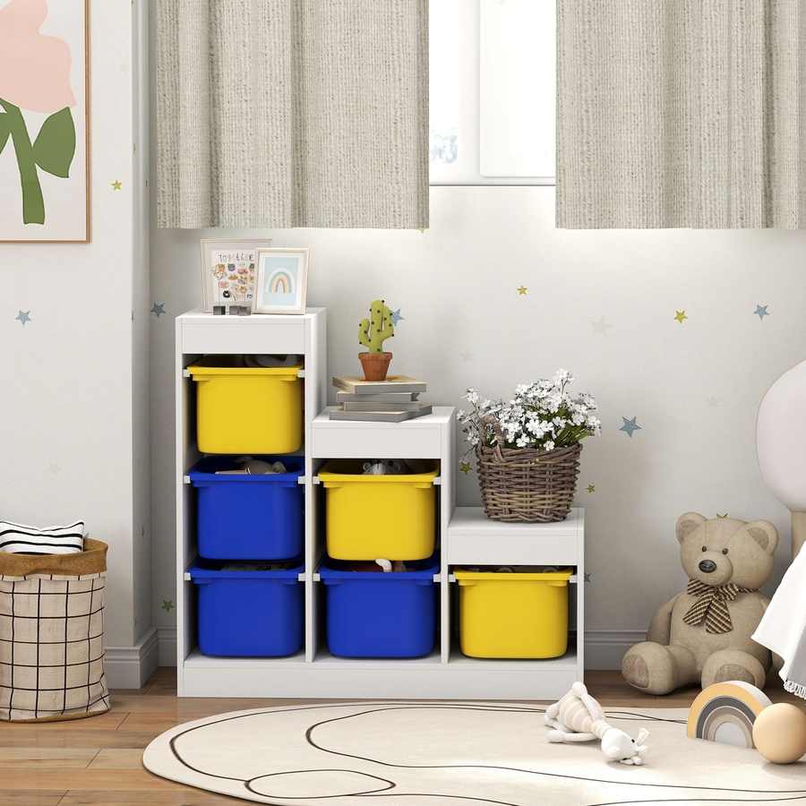 Image 987870_ALTMORE7.jpg, Product 987-870 / Price $159.99, Qaba Toy Storage Organizer Kids Bookshelf with 6 Plastic Bins, Yellow & Blue from Qaba on TSC.ca's Home & Garden department