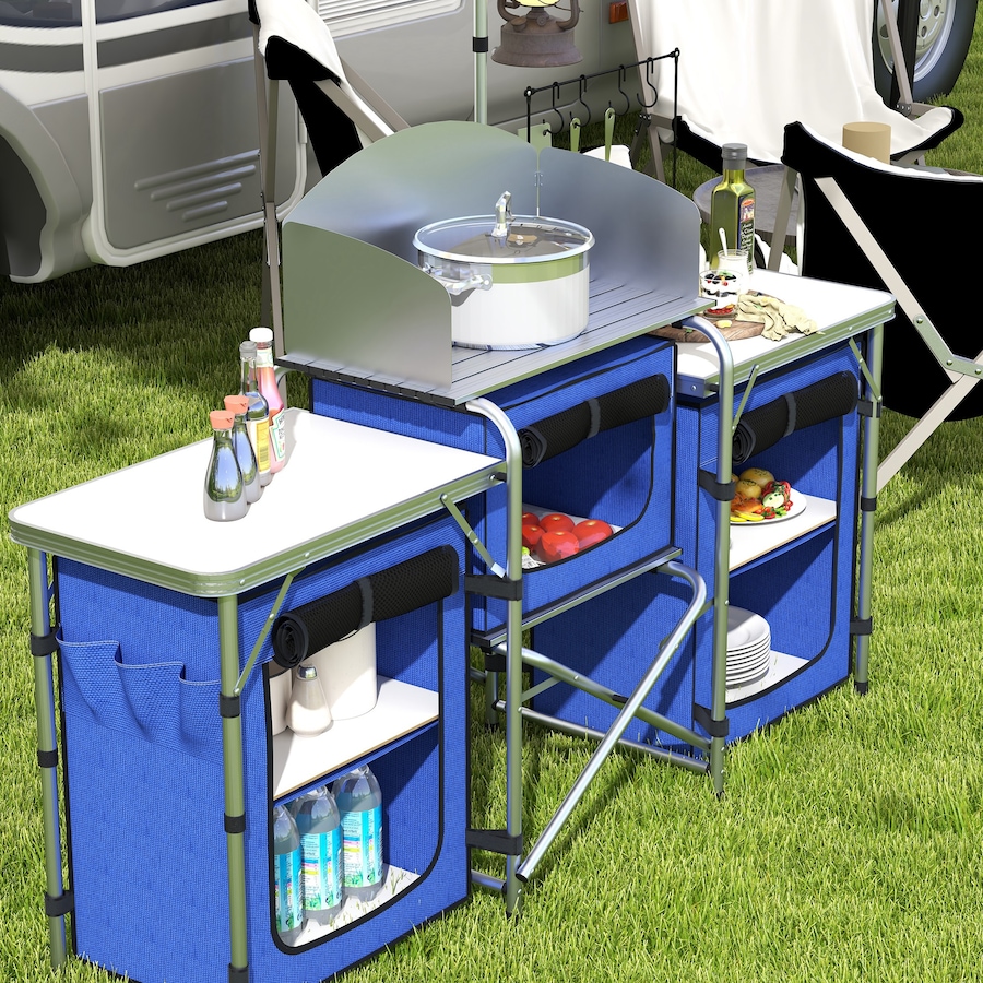 Image 987884_ALTMORE7.jpg, Product 987-884 / Price $169.99, Outsunny Folding Camping Kitchen with Windshield Fabric Cupboards Blue from Outsunny on TSC.ca's Health & Fitness department