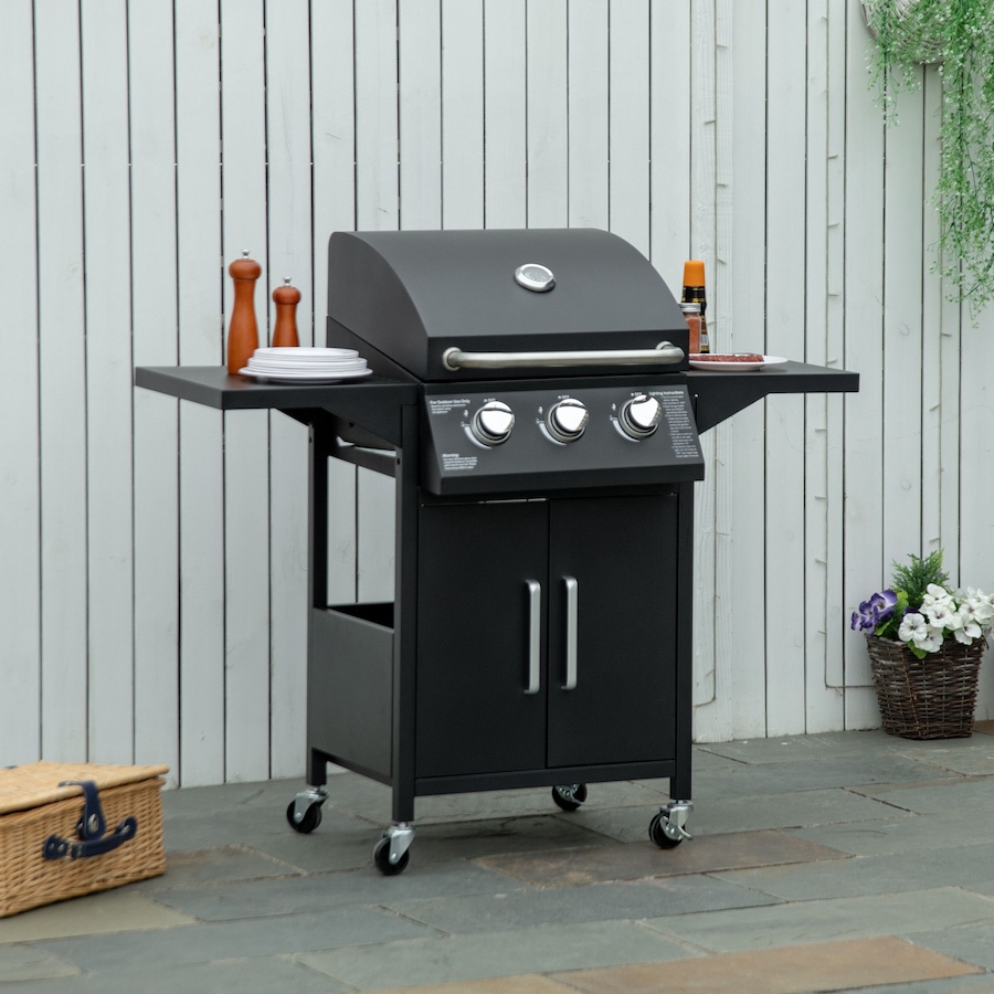 Image 987933_ALTMORE1.jpg, Product 987-933 / Price $279.99, Outsunny 3 Burner Gas Grill w/ Wheels, Storage Shelves, Thermometer, Black from Outsunny on TSC.ca's  department