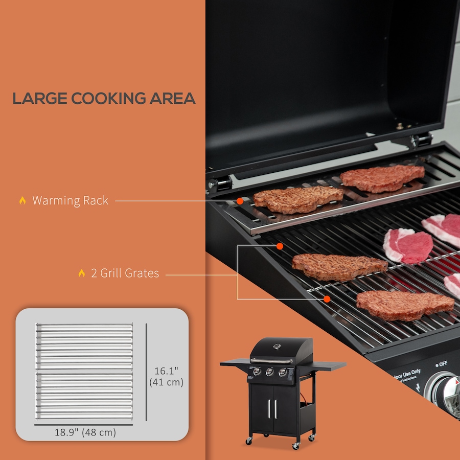 Image 987933_ALTMORE3.jpg, Product 987-933 / Price $279.99, Outsunny 3 Burner Gas Grill w/ Wheels, Storage Shelves, Thermometer, Black from Outsunny on TSC.ca's  department