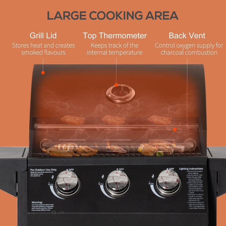 Image 987933_ALTMORE4.jpg, Product 987-933 / Price $279.99, Outsunny 3 Burner Gas Grill w/ Wheels, Storage Shelves, Thermometer, Black from Outsunny on TSC.ca's  department
