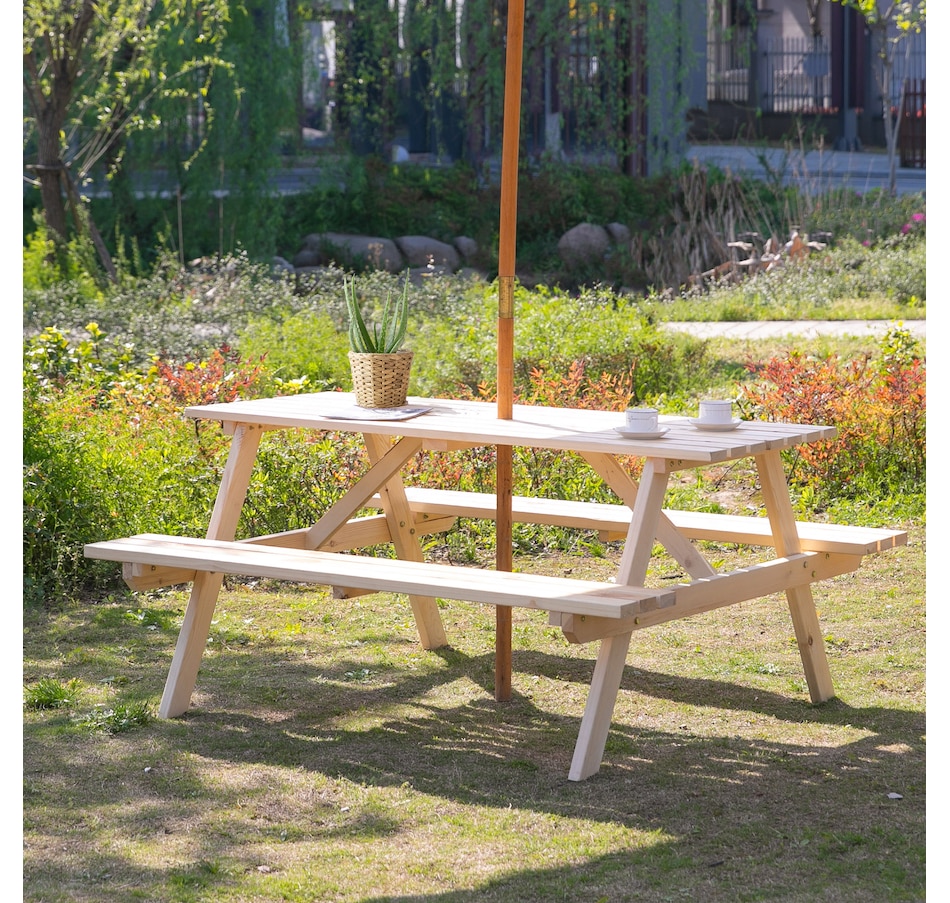 Image 987938_ALTMORE1.jpg, Product 987-938 / Price $229.99, Outsunny Wood Picnic Table Set with Built-in Benches Umbrella Hole Natural from Outsunny on TSC.ca's Home & Garden department