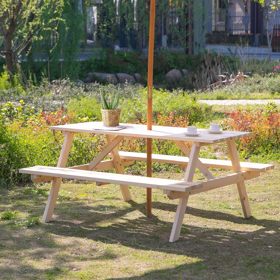 Image 987938_ALTMORE1.jpg, Product 987-938 / Price $229.99, Outsunny Wood Picnic Table Set with Built-in Benches Umbrella Hole Natural from Outsunny on TSC.ca's Home & Garden department