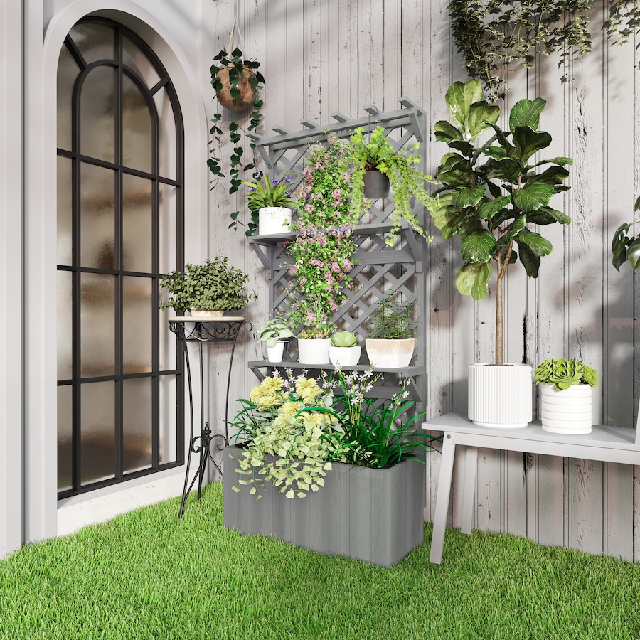 Image 988013_ALTMORE1.jpg, Product 988-013 / Price $134.99, Outsunny Raised Garden Bed with Trellis and Plant Shelf, Grey from Outsunny on TSC.ca's Home & Garden department