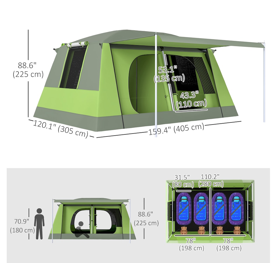 Image 988035_ALTMORE2.jpg, Product 988-035 / Price $239.99, Outsunny 4 Person Camping Tent, 2-Room Dome Tent with Porch, Green from Outsunny on TSC.ca's Health & Fitness department