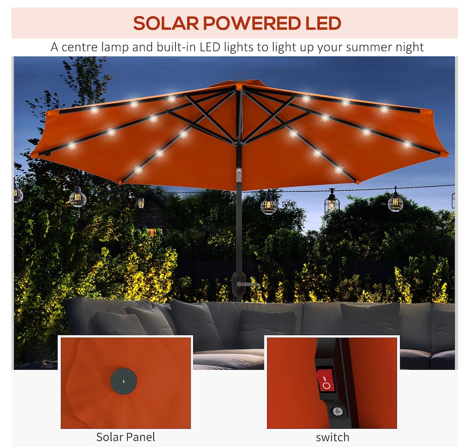 Image 988083_ALTMORE3.jpg, Product 988-083 / Price $99.99, Outsunny 9ft Solar Patio Umbrella with LED Lights Tilt Canopy, Orange from Outsunny on TSC.ca's Home & Garden department