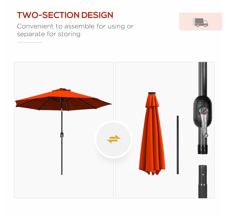 Image 988083_ALTMORE7.jpg, Product 988-083 / Price $99.99, Outsunny 9ft Solar Patio Umbrella with LED Lights Tilt Canopy, Orange from Outsunny on TSC.ca's Home & Garden department