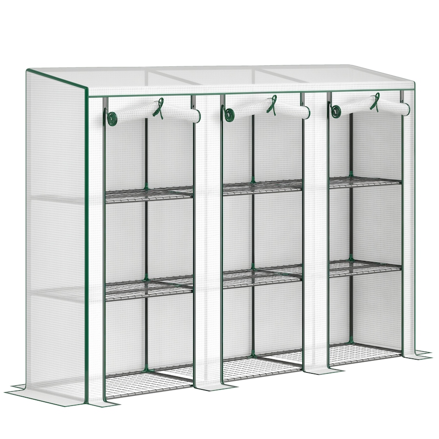 Image 988088.jpg, Product 988-088 / Price $84.99, Outsunny Lean-to Mini Greenhouse w/ 3 Tier Shelves, 3 Roll-Up Doors, White from Outsunny on TSC.ca's Home & Garden department
