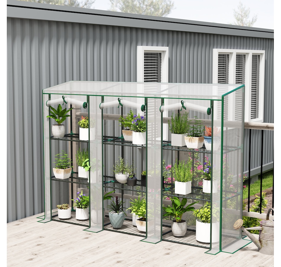 Image 988088_ALTMORE1.jpg, Product 988-088 / Price $89.99, Outsunny Lean-to Mini Greenhouse w/ 3 Tier Shelves, 3 Roll-Up Doors, White from Outsunny on TSC.ca's Home & Garden department