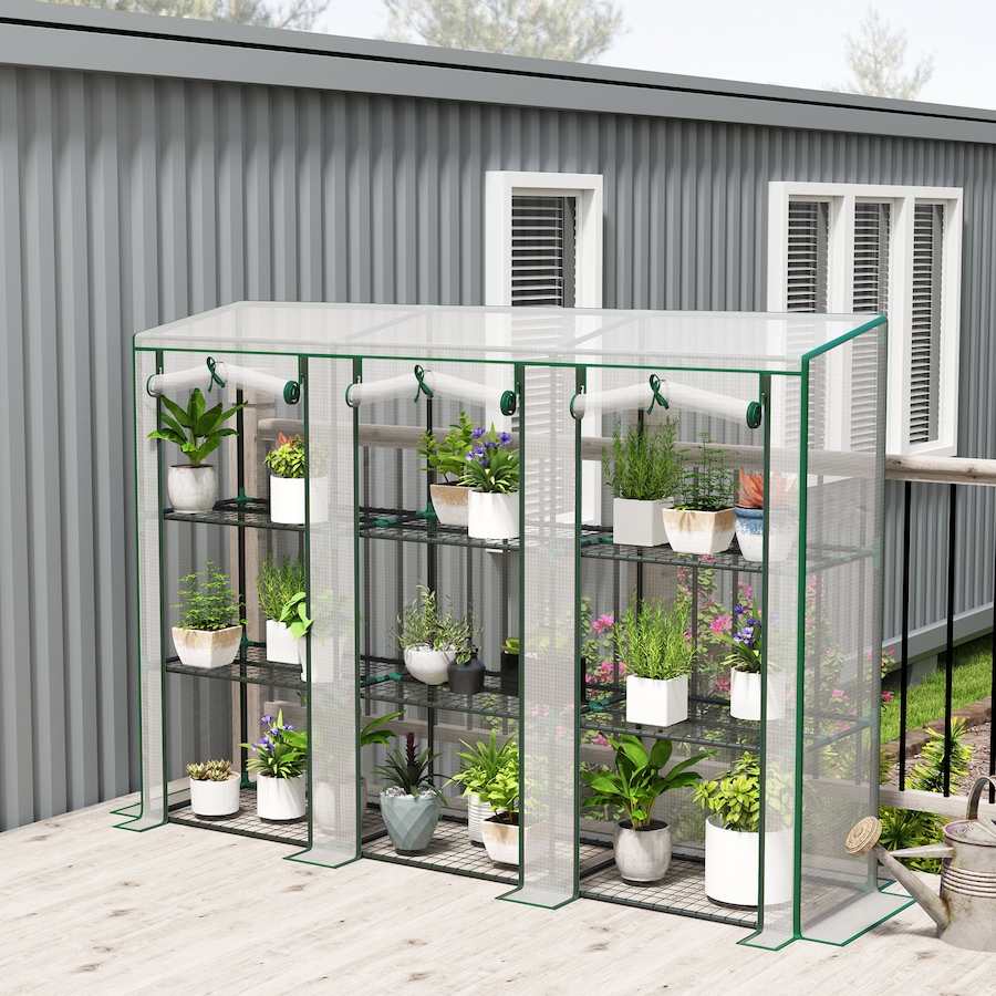 Image 988088_ALTMORE1.jpg, Product 988-088 / Price $84.99, Outsunny Lean-to Mini Greenhouse w/ 3 Tier Shelves, 3 Roll-Up Doors, White from Outsunny on TSC.ca's Home & Garden department