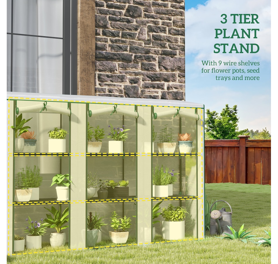 Image 988088_ALTMORE4.jpg, Product 988-088 / Price $89.99, Outsunny Lean-to Mini Greenhouse w/ 3 Tier Shelves, 3 Roll-Up Doors, White from Outsunny on TSC.ca's Home & Garden department