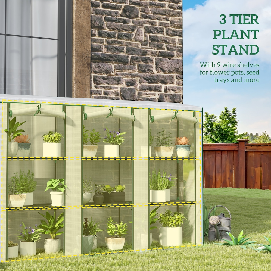Image 988088_ALTMORE4.jpg, Product 988-088 / Price $84.99, Outsunny Lean-to Mini Greenhouse w/ 3 Tier Shelves, 3 Roll-Up Doors, White from Outsunny on TSC.ca's Home & Garden department