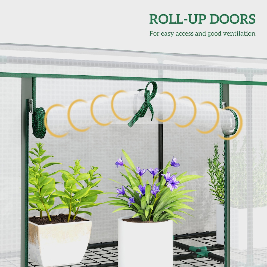 Image 988088_ALTMORE5.jpg, Product 988-088 / Price $84.99, Outsunny Lean-to Mini Greenhouse w/ 3 Tier Shelves, 3 Roll-Up Doors, White from Outsunny on TSC.ca's Home & Garden department
