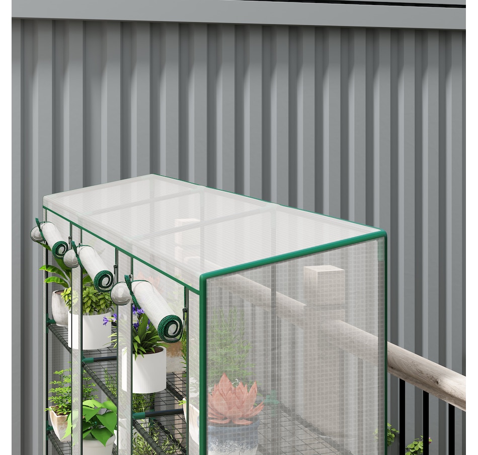 Image 988088_ALTMORE8.jpg, Product 988-088 / Price $89.99, Outsunny Lean-to Mini Greenhouse w/ 3 Tier Shelves, 3 Roll-Up Doors, White from Outsunny on TSC.ca's Home & Garden department