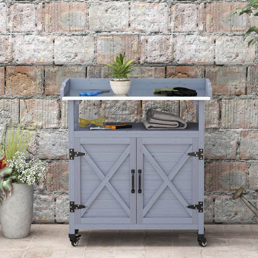 Image 988116_ALTMORE6.jpg, Product 988-116 / Price $169.99, Outsunny Outdoor Potting Bench with Storage, Wheels, Grey from Outsunny on TSC.ca's Home & Garden department