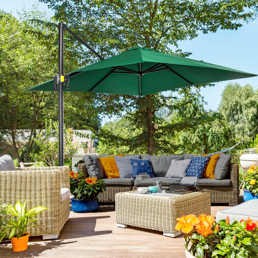 Image 988150_ALTMORE1.jpg, Product 988-150 / Price $169.99, Outsunny 8'x8' Square Patio Hanging Offset Umbrella w/ Cross Base Green from Outsunny on TSC.ca's Home & Garden department