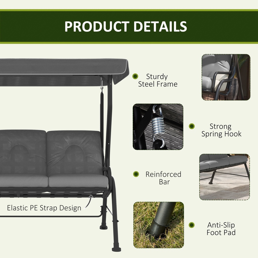 Image 988167_ALTMORE6.jpg, Product 988-167 / Price $459.99, Outsunny Outdoor 3-person Metal Porch Swing Chair with Canopy Light Grey from Outsunny on TSC.ca's Home & Garden department