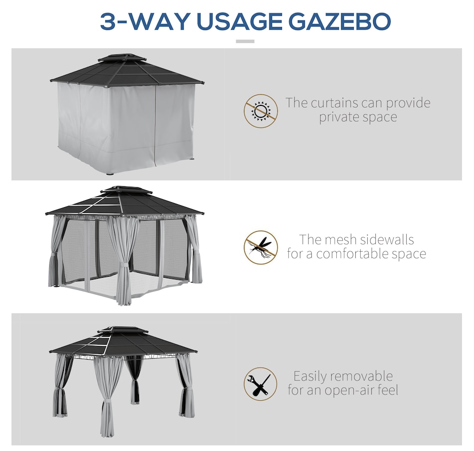 Image 988185_ALTMORE4.jpg, Product 988-185 / Price $799.99, Outsunny 10' x 12' Double Roof Hardtop Gazebo with Nettings Curtains Grey from Outsunny on TSC.ca's Home & Garden department