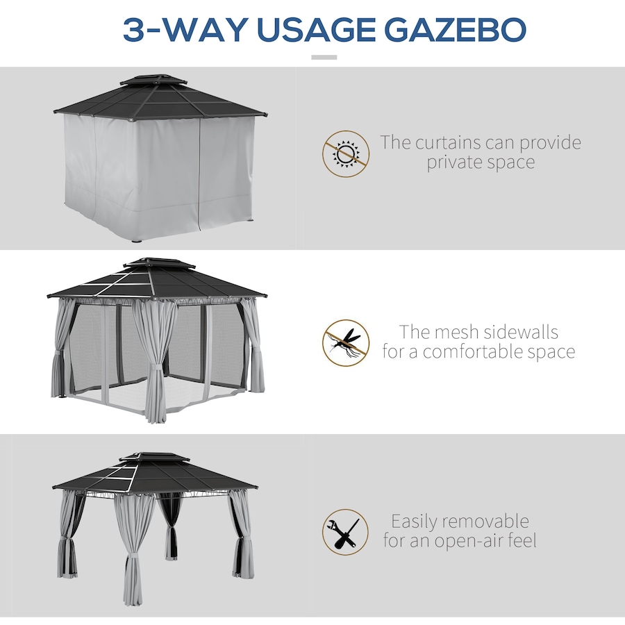 Image 988185_ALTMORE4.jpg, Product 988-185 / Price $849.99, Outsunny 10' x 12' Double Roof Hardtop Gazebo with Nettings Curtains Grey from Outsunny on TSC.ca's Home & Garden department