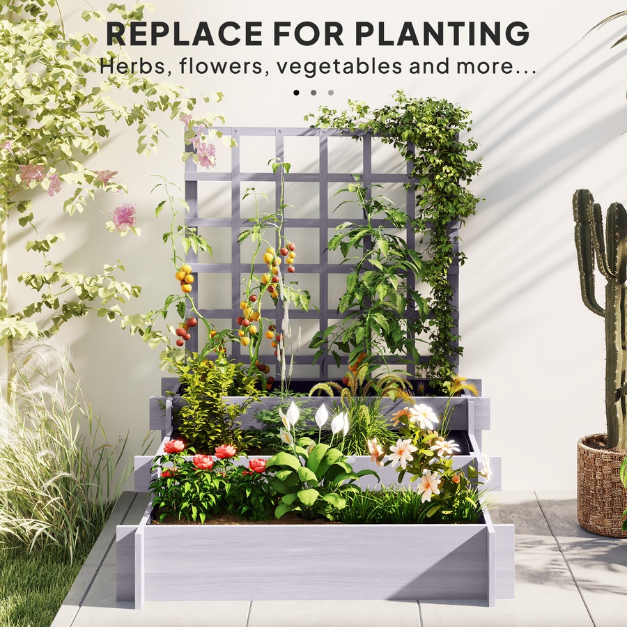 Image 988206_ALTMORE6.jpg, Product 988-206 / Price $89.99, Outsunny 3 Tier Raised Garden Bed with Trellis for Climbing Plants Grey from Outsunny on TSC.ca's Home & Garden department