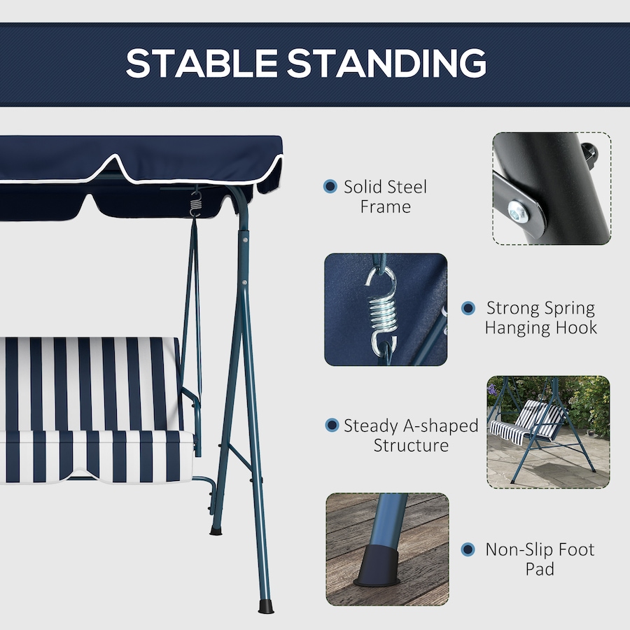 Image 988256_ALTMORE4.jpg, Product 988-256 / Price $149.99, Outsunny 3-Seat Patio Swing Chair with Adjustable Canopy Blue and White from Outsunny on TSC.ca's Home & Garden department