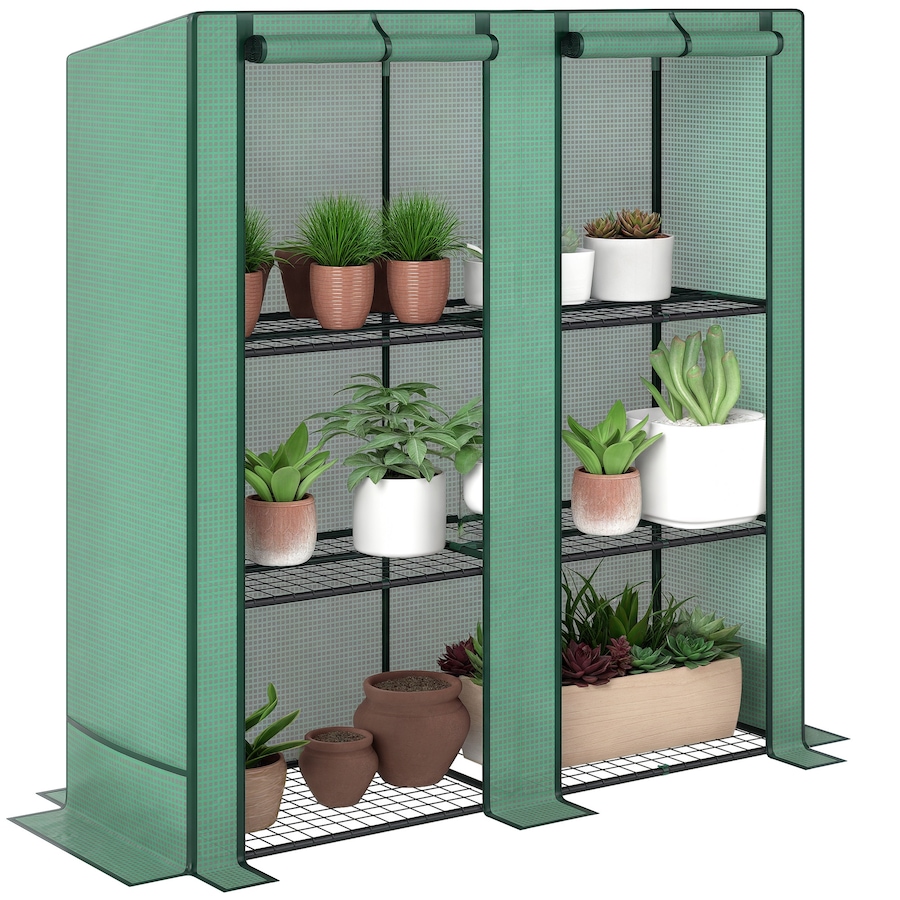 Image 988301.jpg, Product 988-301 / Price $64.99, Outsunny Lean-to Mini Greenhouse with 3 Tier Shelves, Roll-Up Doors, Green from Outsunny on TSC.ca's Home & Garden department