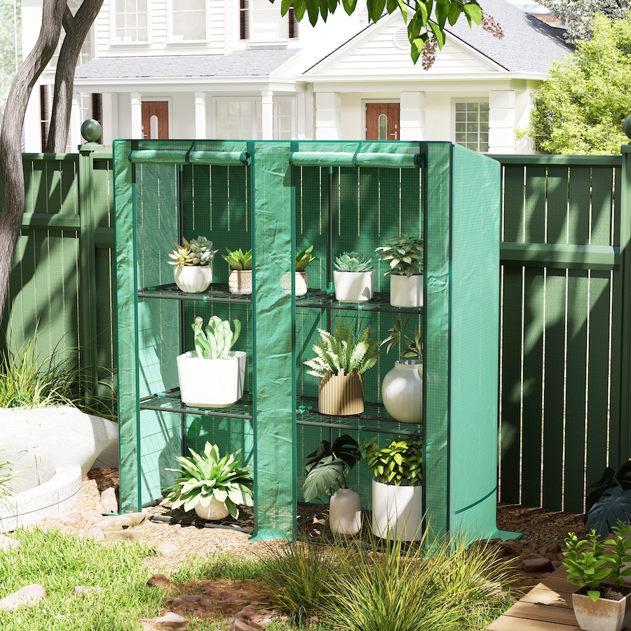 Image 988301_ALTMORE1.jpg, Product 988-301 / Price $64.99, Outsunny Lean-to Mini Greenhouse with 3 Tier Shelves, Roll-Up Doors, Green from Outsunny on TSC.ca's Home & Garden department