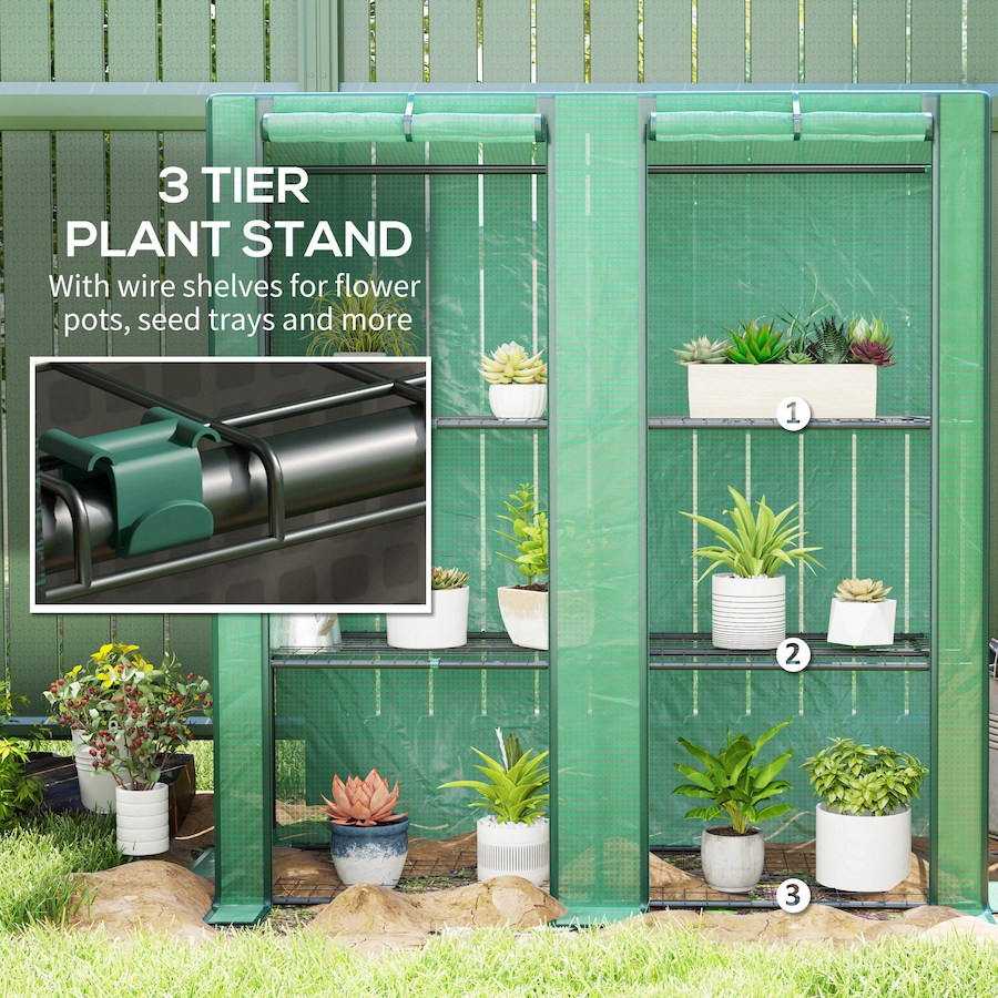 Image 988301_ALTMORE4.jpg, Product 988-301 / Price $64.99, Outsunny Lean-to Mini Greenhouse with 3 Tier Shelves, Roll-Up Doors, Green from Outsunny on TSC.ca's Home & Garden department