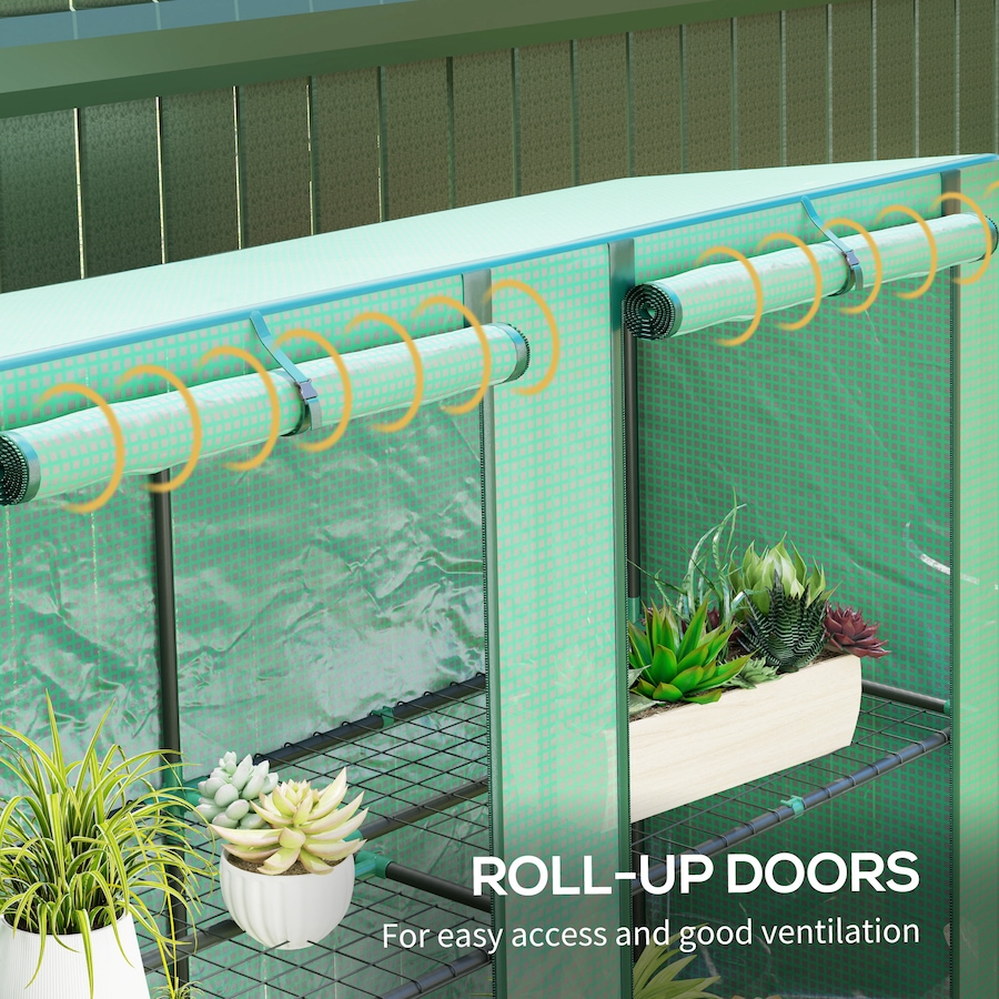 Image 988301_ALTMORE5.jpg, Product 988-301 / Price $64.99, Outsunny Lean-to Mini Greenhouse with 3 Tier Shelves, Roll-Up Doors, Green from Outsunny on TSC.ca's Home & Garden department