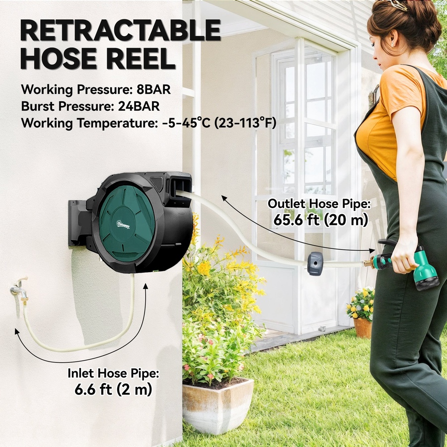 Image 988320_ALTMORE3.jpg, Product 988-320 / Price $106.99, Outsunny Retractable Hose Reel, 1/2 in x 65ft Garden Hose Reel, Blue from Outsunny on TSC.ca's Home & Garden department