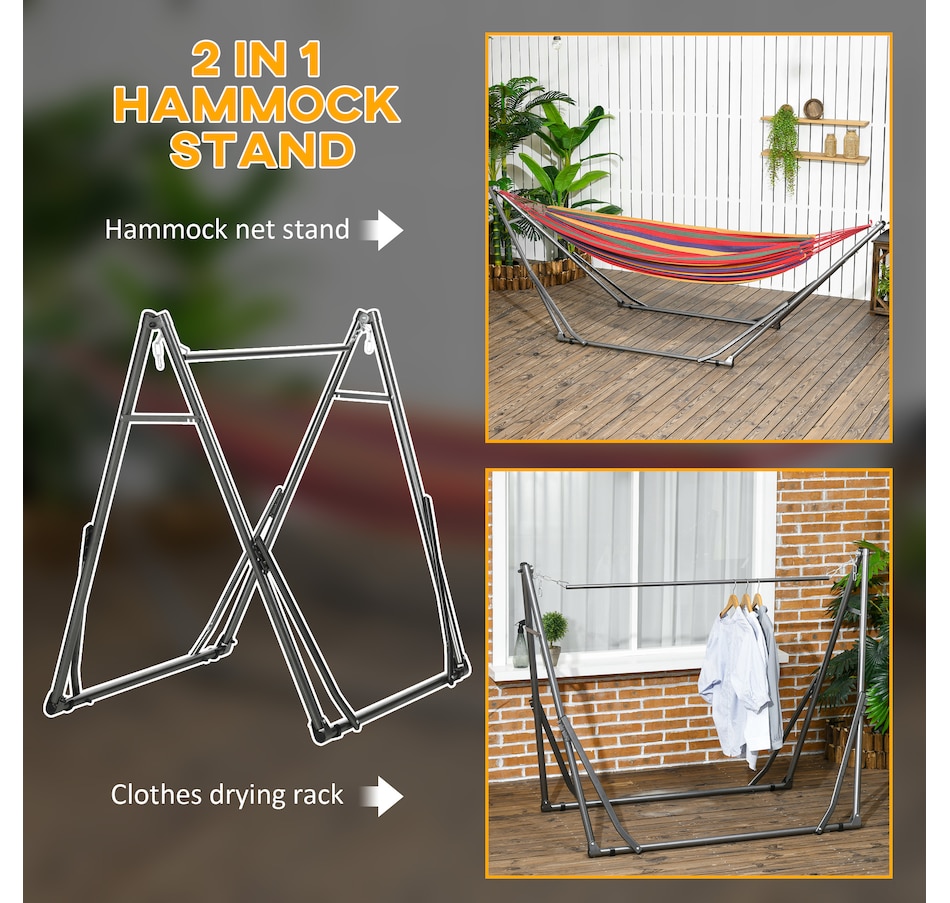 Image 988352_ALTMORE3.jpg, Product 988-352 / Price $109.99, Outsunny 2-in-1 Steel Hammock Stand, Foldable Hammock Net Stand, Black from Outsunny on TSC.ca's Home & Garden department