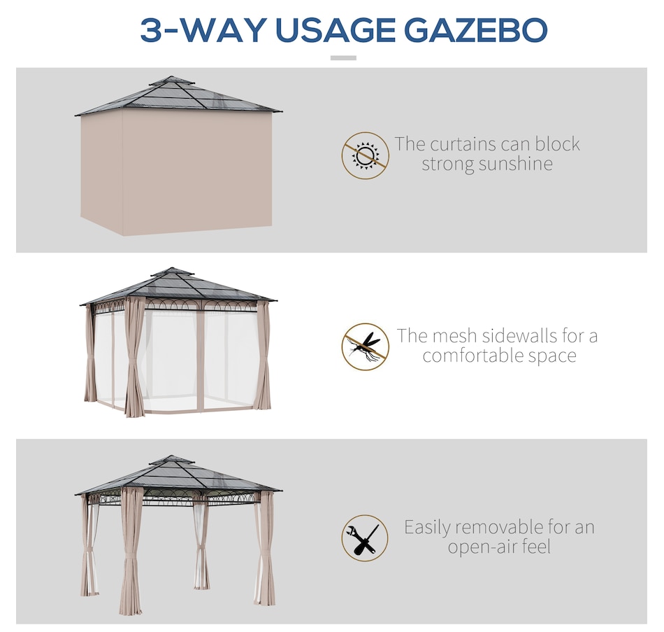 Image 988375_ALTMORE4.jpg, Product 988-375 / Price $879.99, Outsunny 10' x 10' Double Roof Hardtop Gazebo with Nettings Curtains Khaki from Outsunny on TSC.ca's Home & Garden department