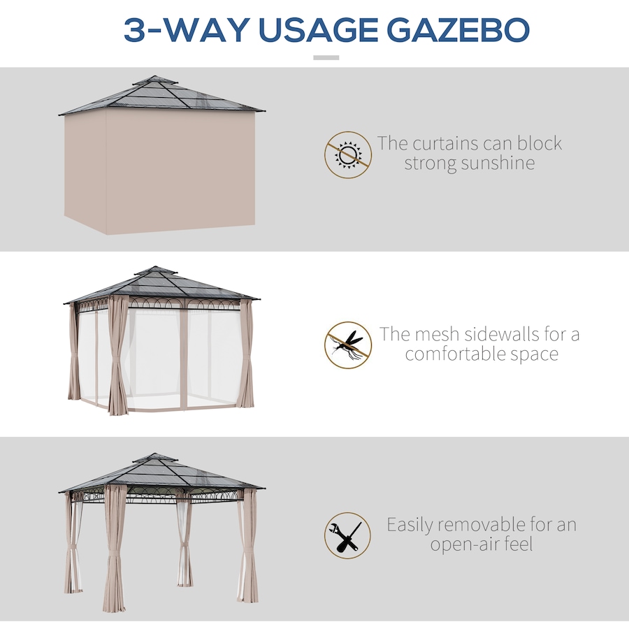 Image 988375_ALTMORE4.jpg, Product 988-375 / Price $699.99, Outsunny 10' x 10' Double Roof Hardtop Gazebo with Nettings Curtains Khaki from Outsunny on TSC.ca's Home & Garden department