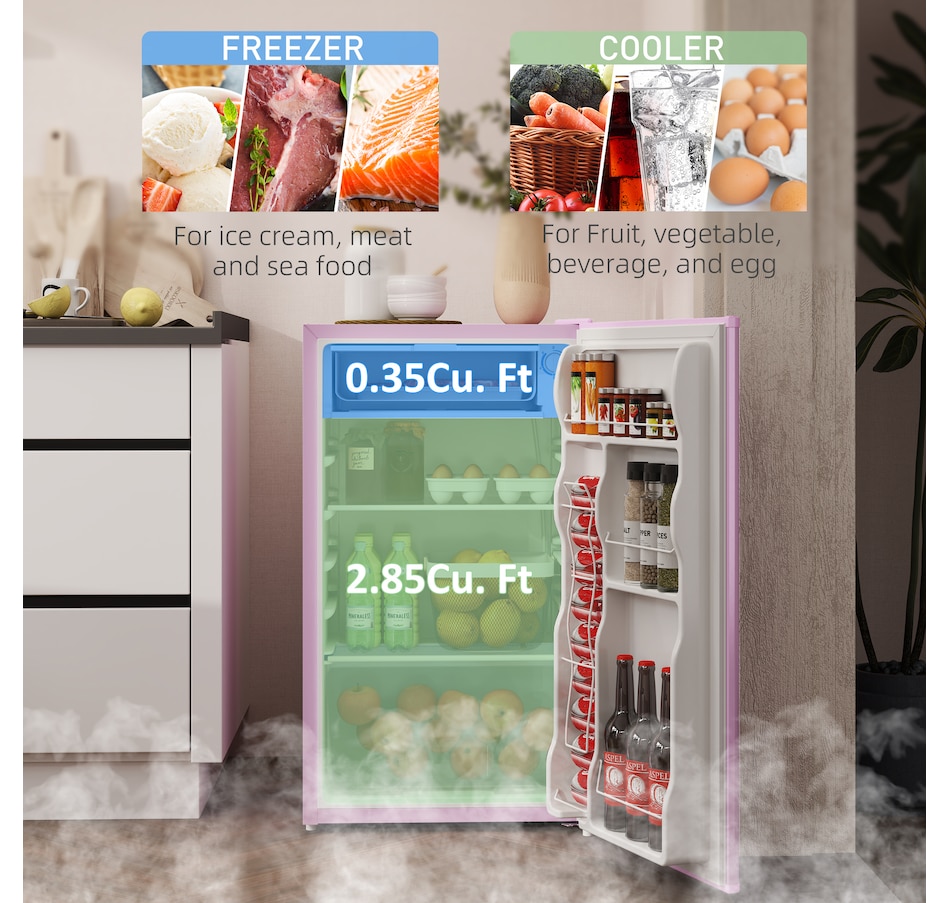 Image 988407_ALTMORE3.jpg, Product 988-407 / Price $254.99, HOMCOM Mini Fridge with Freezer Thermostat Reversible Door, Pink from HOMCOM on TSC.ca's Kitchen department