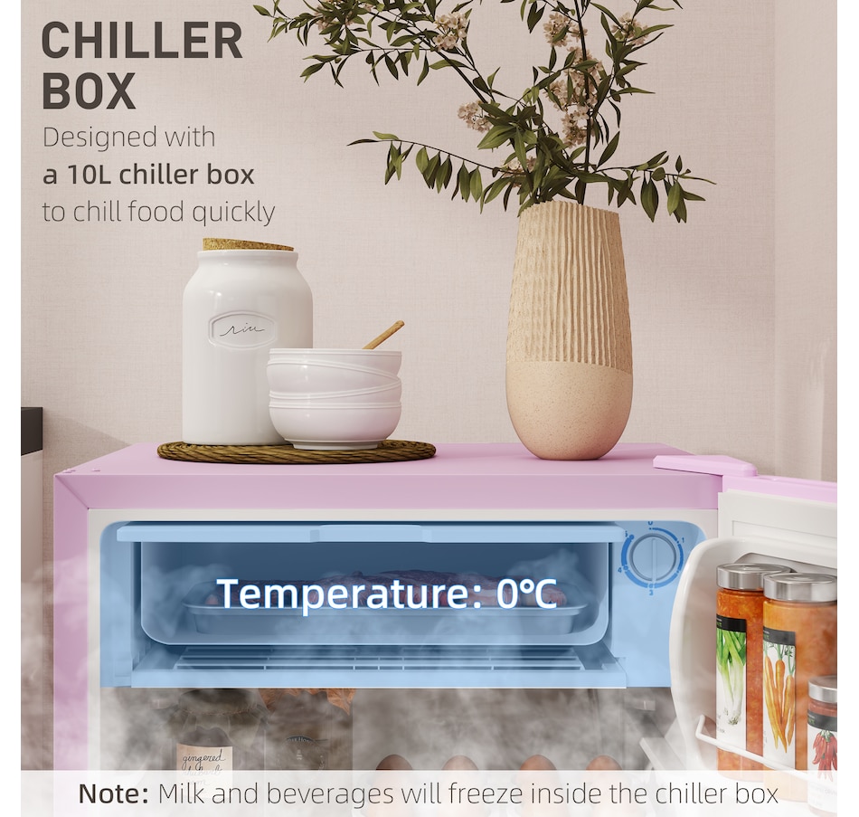 Image 988407_ALTMORE4.jpg, Product 988-407 / Price $254.99, HOMCOM Mini Fridge with Freezer Thermostat Reversible Door, Pink from HOMCOM on TSC.ca's Kitchen department