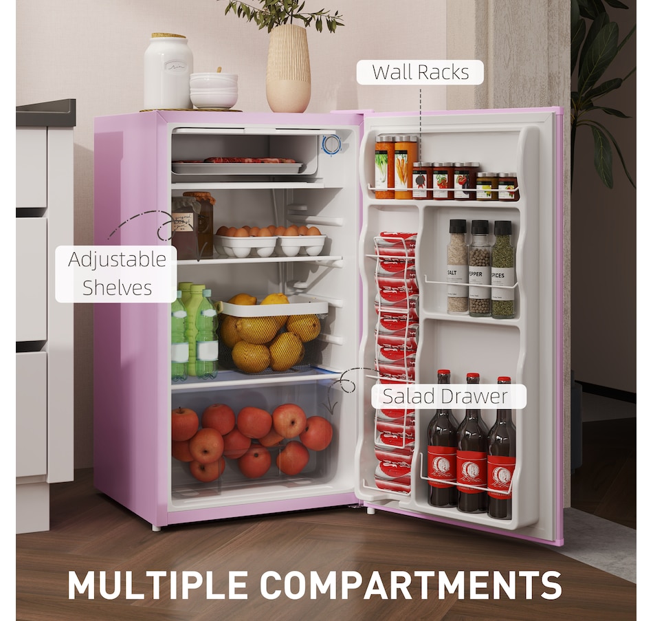 Image 988407_ALTMORE5.jpg, Product 988-407 / Price $254.99, HOMCOM Mini Fridge with Freezer Thermostat Reversible Door, Pink from HOMCOM on TSC.ca's Kitchen department