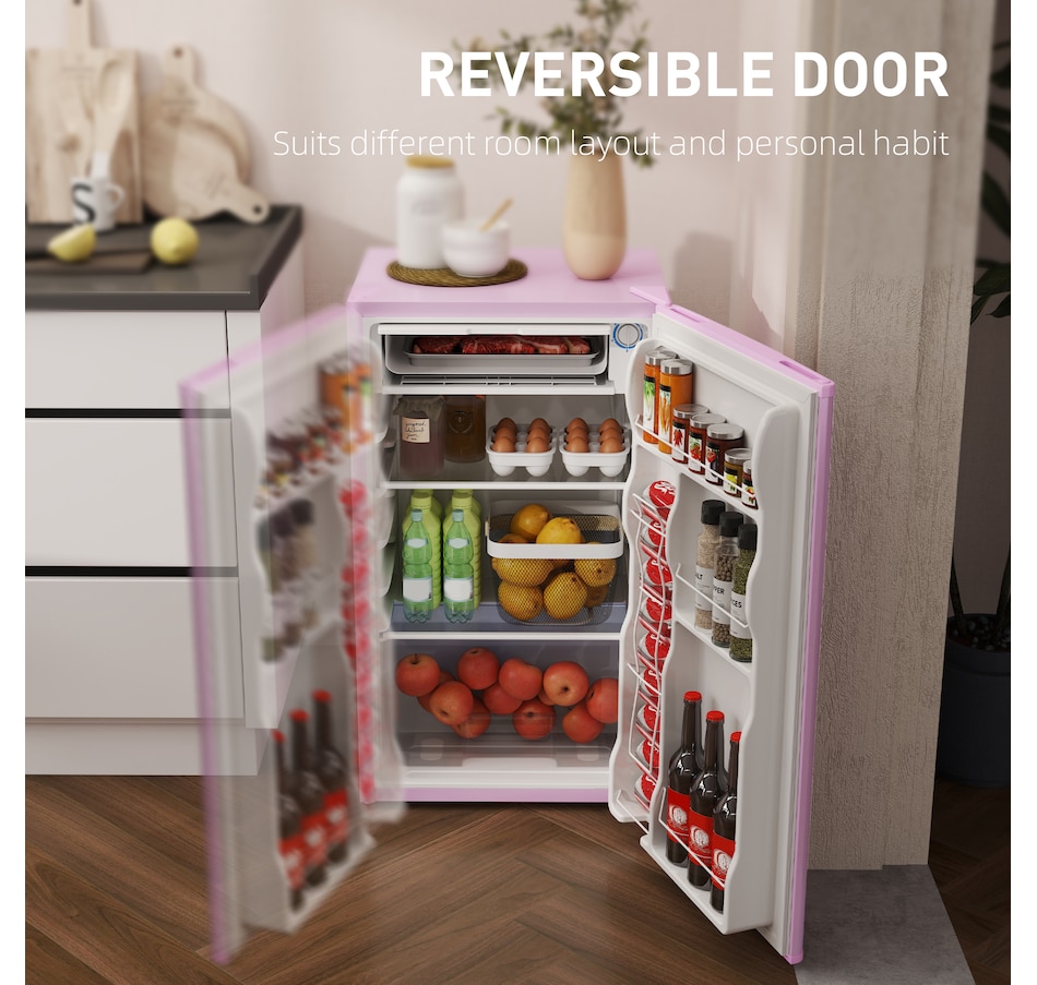 Image 988407_ALTMORE6.jpg, Product 988-407 / Price $254.99, HOMCOM Mini Fridge with Freezer Thermostat Reversible Door, Pink from HOMCOM on TSC.ca's Kitchen department